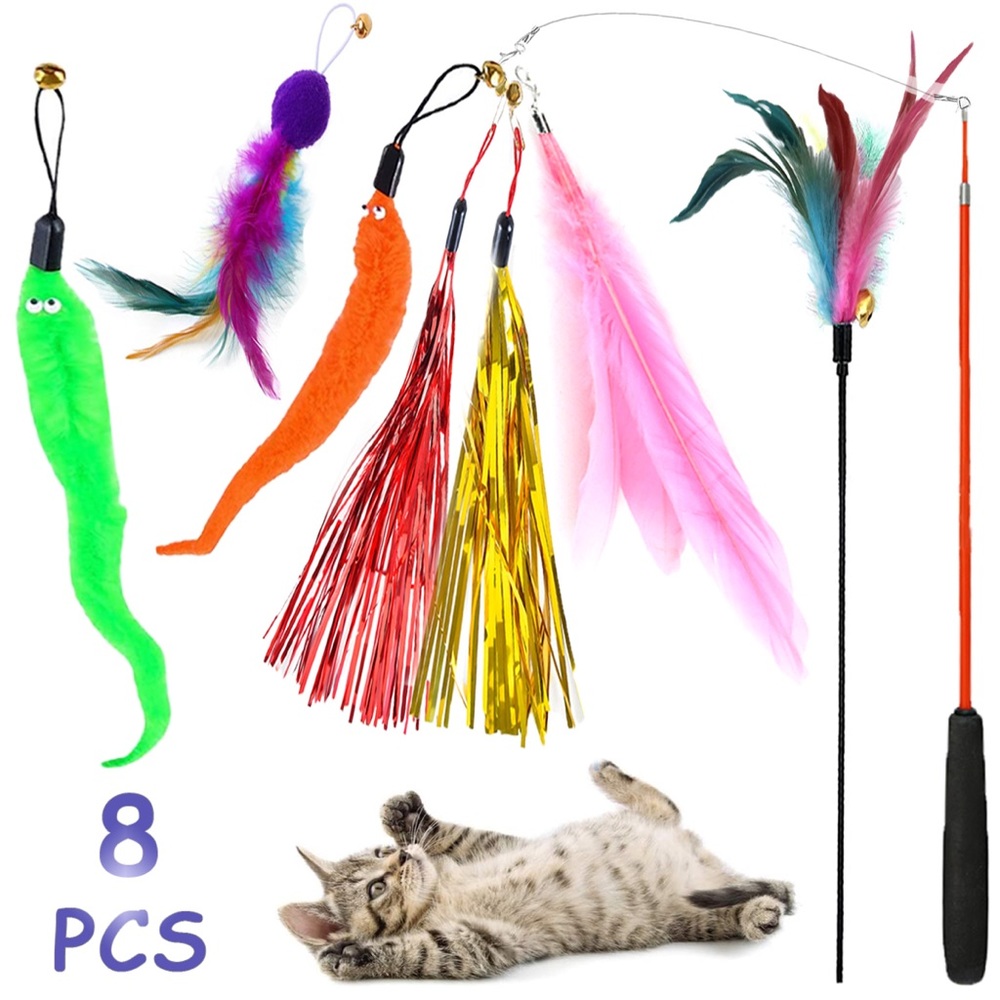 8 Pcs Pet Cat Interactive Toy Feather Wand Rod Kitty Bell Play Funny Teaser Set